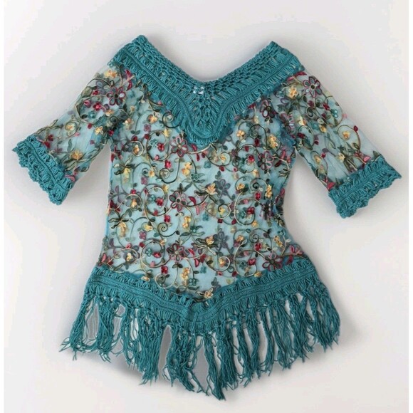 ASHA Boho Embroidered Mesh Top Crochet Fringe Festival Blouse Women’s One Size - Picture 2 of 5